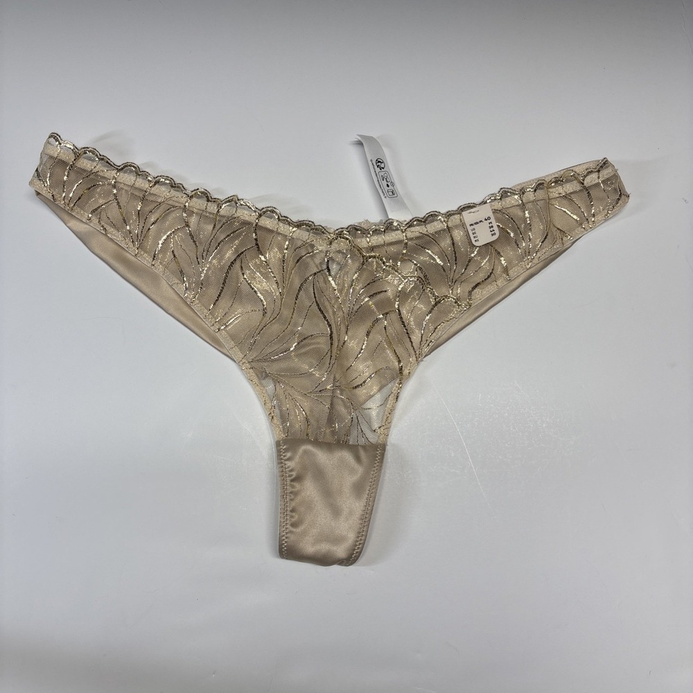 Etam Women's Lace Satin Thong Panty Medium M Gold Champagne Sheer Lingerie